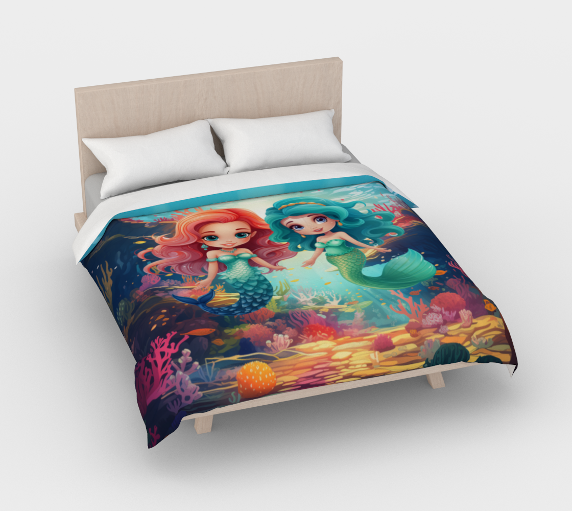 Girls Mermaid Cotton Duvet Cover Blue/Red