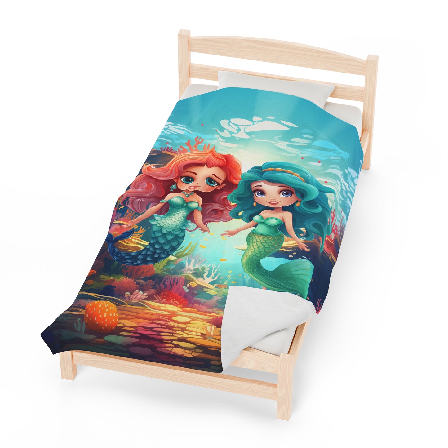 Girls Mermaid Velveteen Plush Blanket Red/Blue