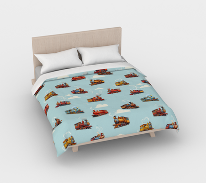 Boys Trains Pattern Cotton Duvet Cover Light Blue