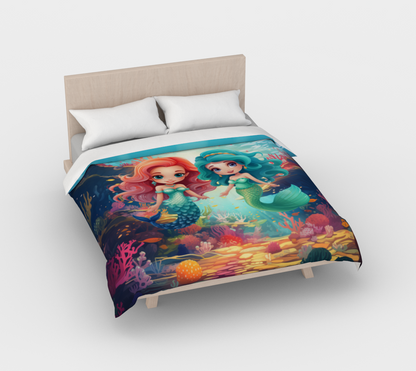 Girls Mermaid Cotton Duvet Cover Blue/Red