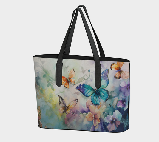 Vegan Leather Tote Bag FLowers and Butterflies FL005