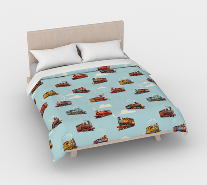 Boys Trains Pattern Cotton Duvet Cover Light Blue